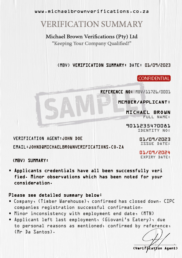 MBV VERIFICATION SUMMARY
